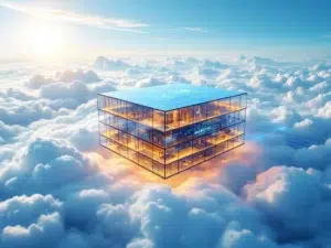 Moderne kantoorgebouw zweeft tussen witte wolken met holografische data-interfaces en blauwe verbindingslijnen naar servers