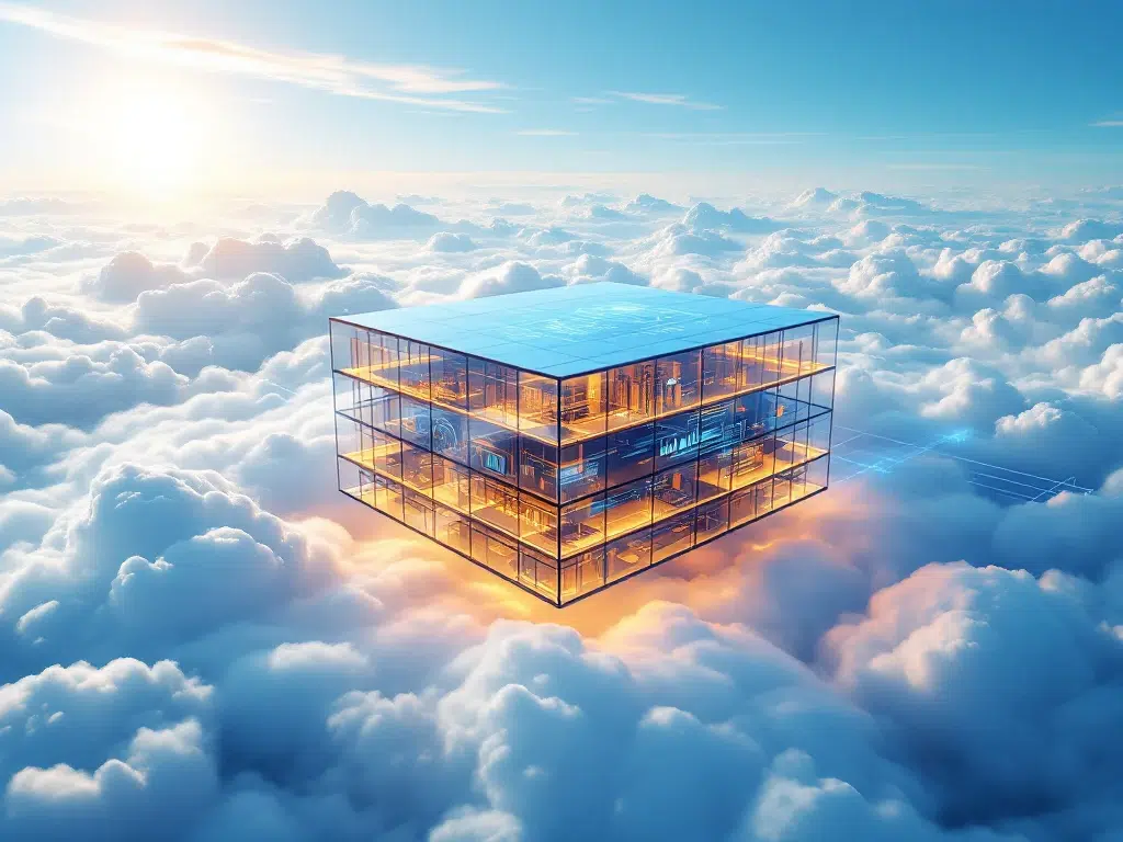 Moderne kantoorgebouw zweeft tussen witte wolken met holografische data-interfaces en blauwe verbindingslijnen naar servers