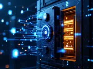 Geopende digitale kluis met gloeiende blauwe circuits, holografische datastromen en serverbeveiliging op donkere achtergrond