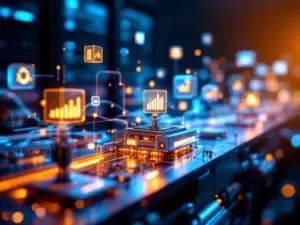 Moderne servers transformeren naar mechanische tandwielen met blauwe datastromen en geautomatiseerde robotarmen