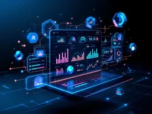 Moderne dashboard interface met kleurrijke KPI-grafieken en verbonden ERP-modules op donkere achtergrond