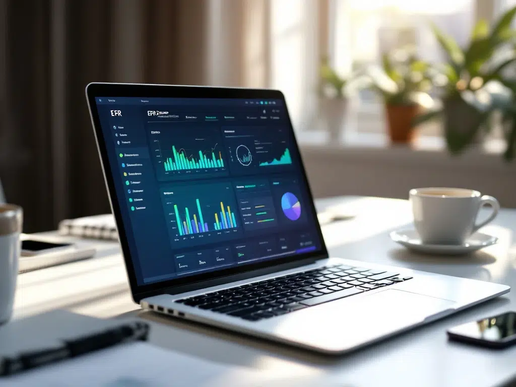 Moderne laptop met kleurrijke ERP-dashboard op wit bureau in klein kantoor met koffiekopje en notitieblok