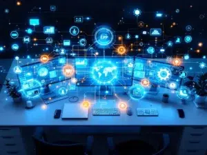 Moderne kantoorwerkruimte met holografische workflow-diagrammen en gloeiende datastromen die ERP-integratie visualiseren