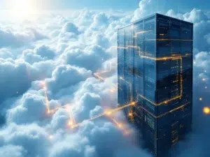 Modern kantoorgebouw dat oplost in wolkenformaties met gloeiende datadeeltjes die opstijgen van servers naar cloud-infrastructuur