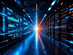 Split-screen vergelijking van moderne ERP dashboard met blauwe datavisualisaties en SAP serverruimte met oranje verlichting