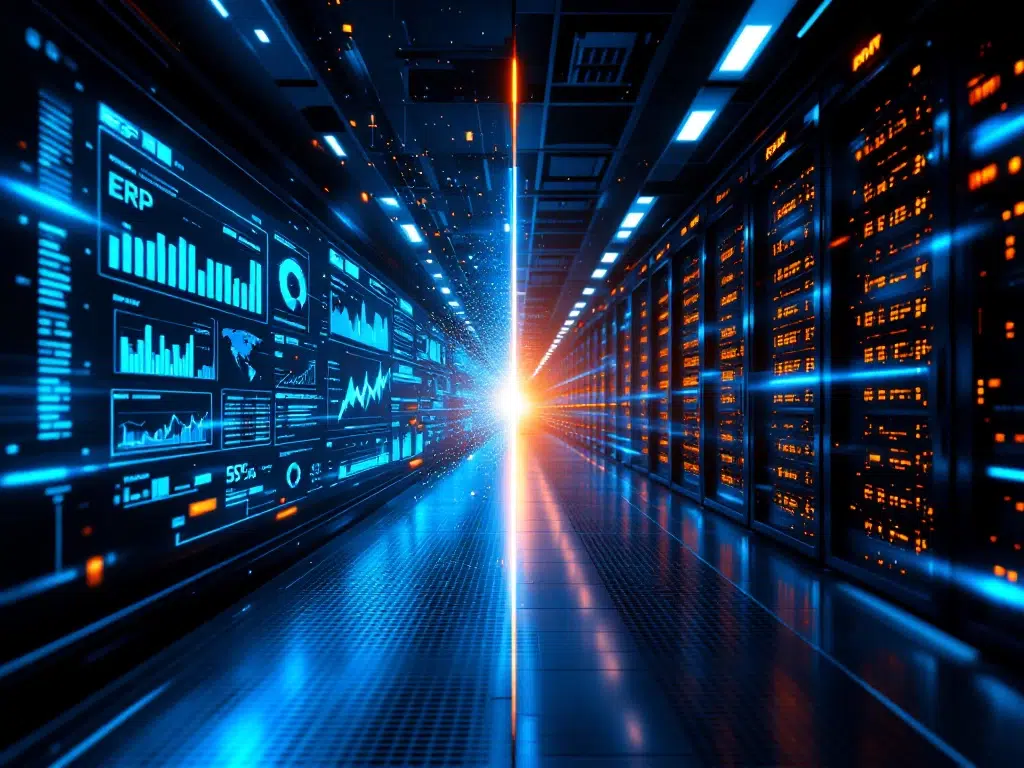 Split-screen vergelijking van moderne ERP dashboard met blauwe datavisualisaties en SAP serverruimte met oranje verlichting