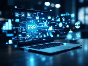 Laptop op modern bureau toont ERP-workflow diagrammen met zwevende holografische bedrijfsiconen in blauw en zilver