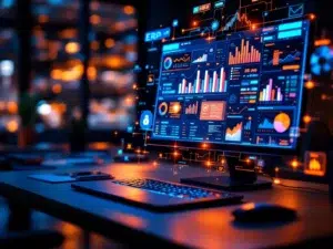 Moderne startup kantoor met laptop die ERP dashboards toont en holografische data visualisaties boven het bureau