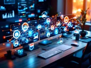 Moderne Nederlandse kantoorbureau met ERP-dashboards op meerdere schermen en digitale netwerkverbindingen