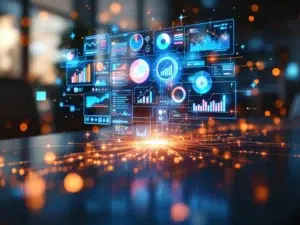 Modern kantoorbureau met meerdere digitale schermen die ERP-data, grafieken en netwerkdiagrammen tonen met holografisch dashboard