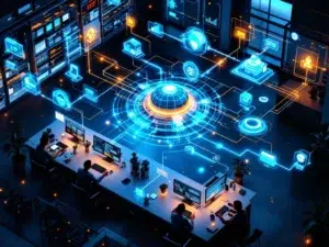 Bovenaanzicht van modern kantoor met gloeiende digitale datastromen die afdelingen verbinden via ERP-systeem integratie