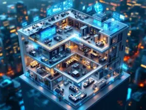 Luchtfoto van modern kantoorgebouw met doorsnede toont bedrijfsgroei van startup tot enterprise met ERP-systemen