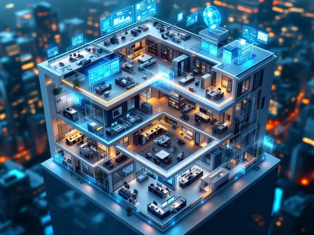 Luchtfoto van modern kantoorgebouw met doorsnede toont bedrijfsgroei van startup tot enterprise met ERP-systemen