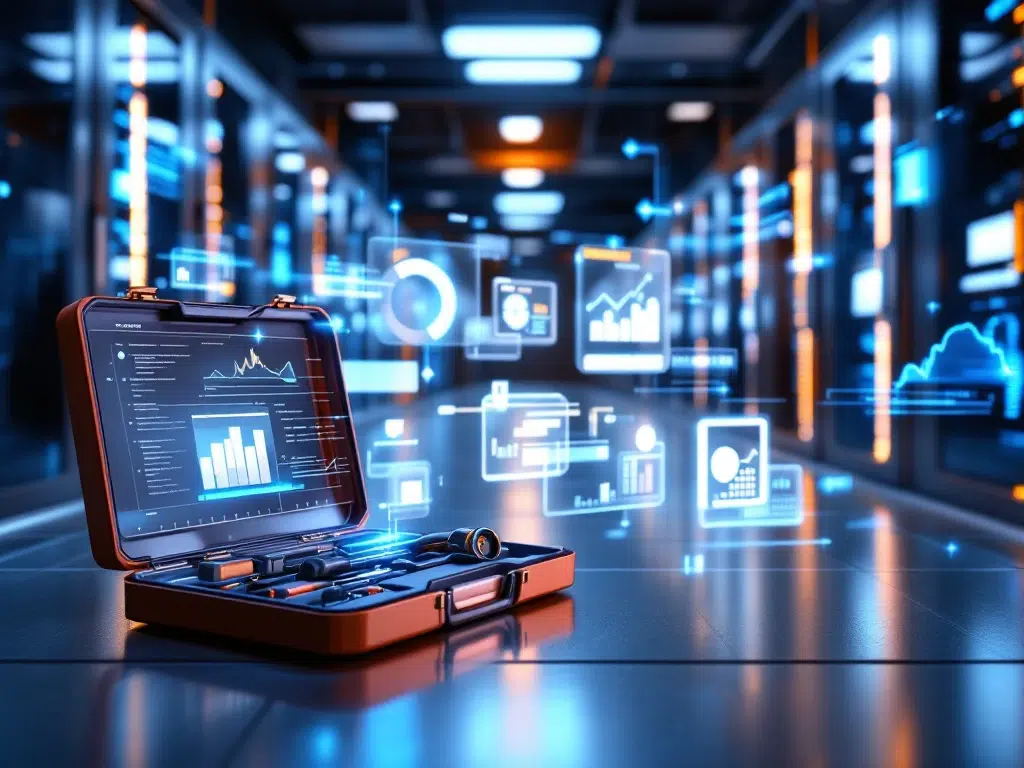 Moderne serverruimte met symmetrische serverkasten, onderhoudsgereedschap en holografische datavisualisaties in blauw-amber licht