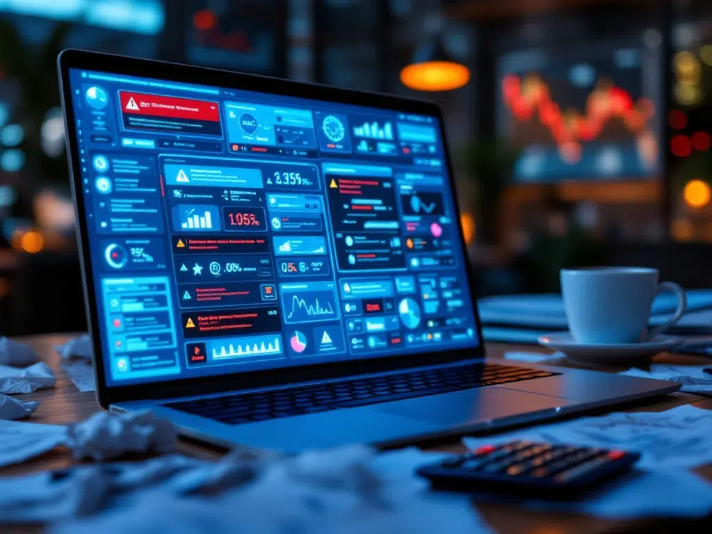 Laptop met ERP-systeem vol foutmeldingen en waarschuwingen op rommelig kantoorbureau met verfrommeld papier