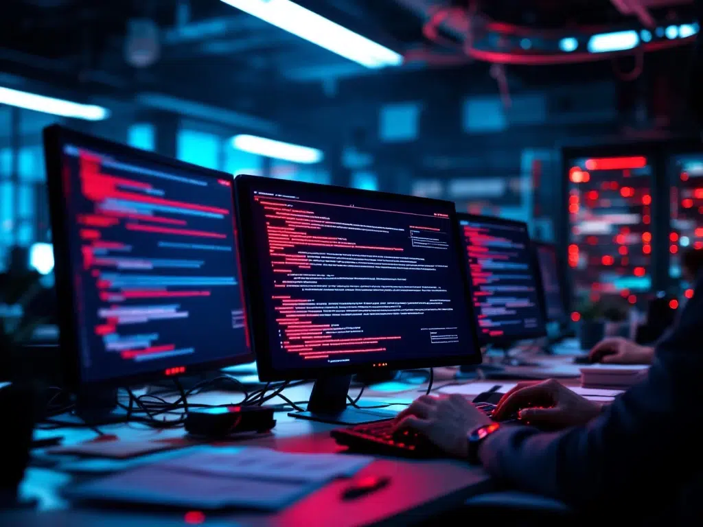 Moderne kantooromgeving in crisis met rode foutmeldingen op computerschermen, paniekerige medewerkers en server waarschuwingslichten