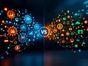 Split-screen vergelijking van ERP-systemen (blauwe tandwielen en workflows) versus CRM-systemen (oranje klantnetwerken)