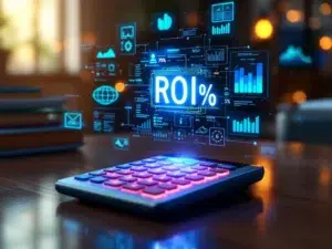 Digitale calculator met ROI-percentage display boven houten bureau, omringd door holografische ERP-interface elementen