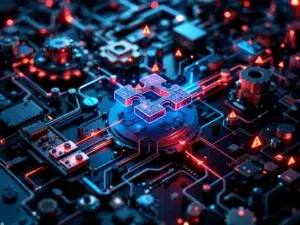Complexe doolhof van metalen tandwielen en circuits met zwevend digitaal puzzelstuk en waarschuwingssymbolen