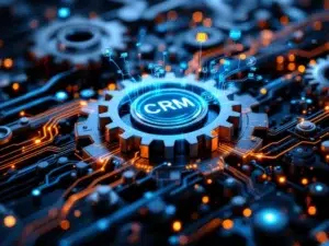 Metalen tandwielen met digitale circuits en blauwe datastromen die API-verbindingen en CRM-systeemintegratie symboliseren