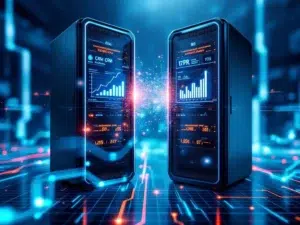 Twee metalen servertorens verbonden door blauwe kabels, met holografische klantdata en analytics grafieken in de lucht