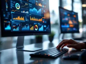 Computermonitor toont CRM-dashboard met kleurrijke grafieken en analyses terwijl professionele handen over toetsenbord zweven