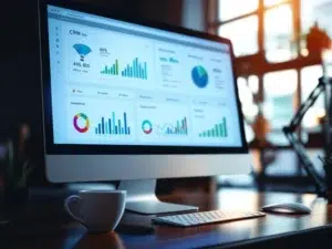 Computermonitor toont CRM-dashboard met kleurrijke grafieken en data-visualisaties op modern kantoorbureau