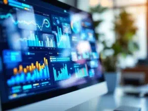 Computerscherm met kleurrijke CRM-dashboard en cohortanalyse grafieken toont klantenretentie data in blauw en groen