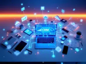 Moderne bureauopstelling met laptop die CRM-dashboard toont, omringd door verbonden smartphones, tablets en documenten