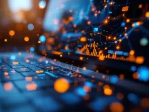 Computerscherm met CRM-dashboard met gloeiende datavisualisatie grafieken en netwerkverbindingen in blauw en oranje