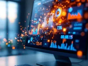 Moderne CRM-dashboard op computerscherm met kleurrijke datavisualisaties en zwevende KPI-grafieken in kantooromgeving