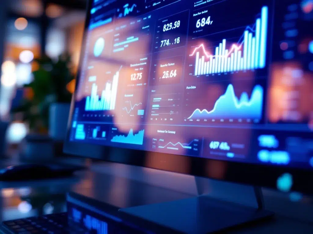 Computermonitor toont CRM-dashboard met blauwe datavisualisatie grafieken en omzetvoorspellingen in moderne kantooromgeving
