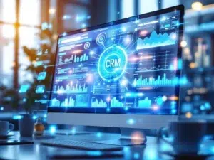 Digitaal CRM-dashboard met blauwe datavisualisatie grafieken en netwerkknooppunten op computerscherm in moderne werkruimte