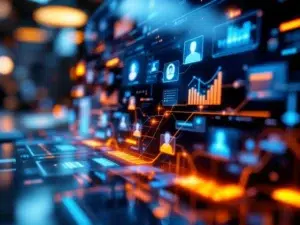 Moderne computermonitor toont CRM-dashboard met klantgegevens, grafieken en datavisualisatie in blauw en oranje