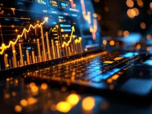 CRM-dashboard met klantwaarde-analytics en gouden datastromen op moderne monitor, toont groeiende omzetprognoses