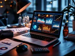 Laptop met kleurrijke CRM-dashboard en grafieken op donkere houten bureau met zakelijke rapporten en calculator