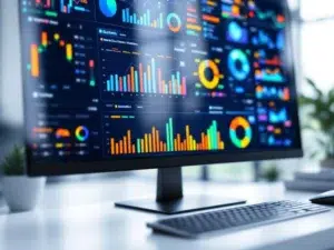 Moderne computermonitor met kleurrijke CRM-dashboard met grafieken en datavisualisaties op wit bureau