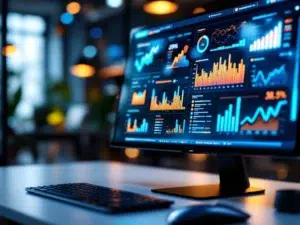 Moderne computermonitor toont CRM-dashboard met kleurrijke datavisualisaties en grafieken op kantoorbureau