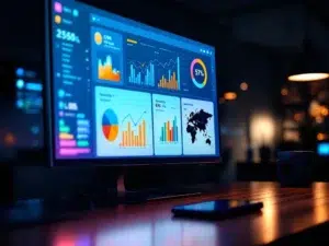 Moderne computermonitor toont CRM-dashboard met kleurrijke grafieken en KPI-statistieken op houten bureau