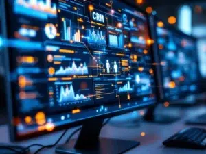 Meerdere computermonitoren tonen verbonden CRM-dashboards met real-time datastromen en blauwe verbindingslijnen