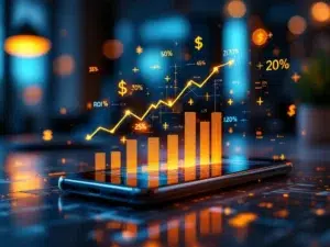 Smartphone toont CRM-dashboard met stijgende ROI-grafieken en gouden dollartekens in modern kantoor