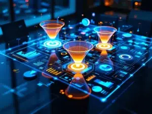 Luchtfoto van moderne glazen vergadertafel met holografisch CRM-dashboard en blauwe conversietrechters in kantooromgeving