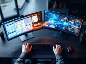 Twee monitoren op bureau tonen CRM-interface en datawarehouse-architectuur met gloeiende blauwe en oranje dataverbindingen