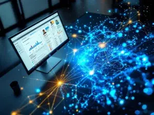 Luchtfoto van modern bureau met CRM-interface en data lake visualisatie verbonden door blauwe datastromen en gouden bruggen