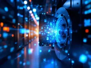 Open digitale kluis met gloeiende blauwe datastromen en zwevende klantprofielen, serverracks op achtergrond