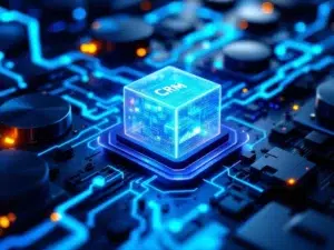 Serverrack met blauwe datastromen die naar zwevende CRM-interface stromen, digitale migratiepijlen in high-tech omgeving