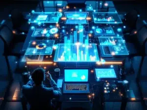 Moderne conferentietafel met tablets en laptops die kleurrijke CRM-datavisualisaties en holografische analyses tonen