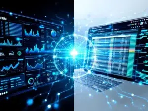 CRM-interface verbonden met Excel-spreadsheet via blauwe datastromen, toont klantgegevens en analytics voor zakelijke integratie