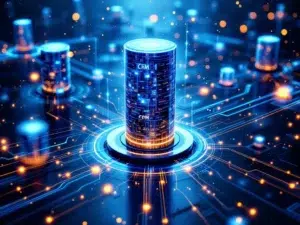 Onderling verbonden digitale systemen met CRM-toren en gloeiende datastromen in futuristische zakelijke omgeving