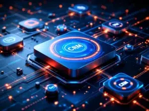 Luchtfoto van onderling verbonden CRM-platforms met gloeiende dataverbindingen in een moderne technologieomgeving